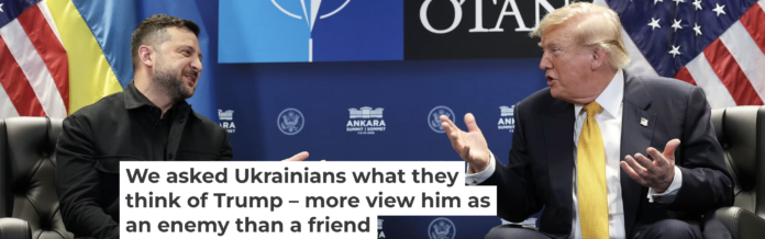 Ukrainian President Volodymyr Zelenskyy talks with U.S. President Donald Trump at the NATO summit on July 8, 2026. Win McNamee/Getty Images